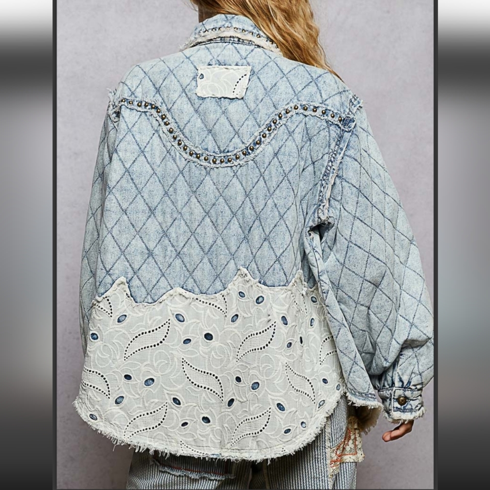 NEW! POL Blue Quilted Denim Jacket Western Inspired Studs & Eyelet Detail - Picture 8 of 16